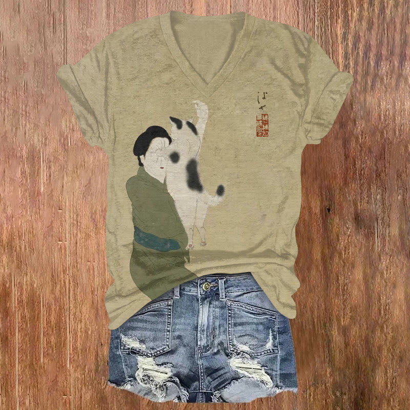 Japanese Retro Funny Kitty And Kimono Girl Pattern Print Short Sleeved V-neck T-shirt - Apricot - US32-34(5XL) - image 1