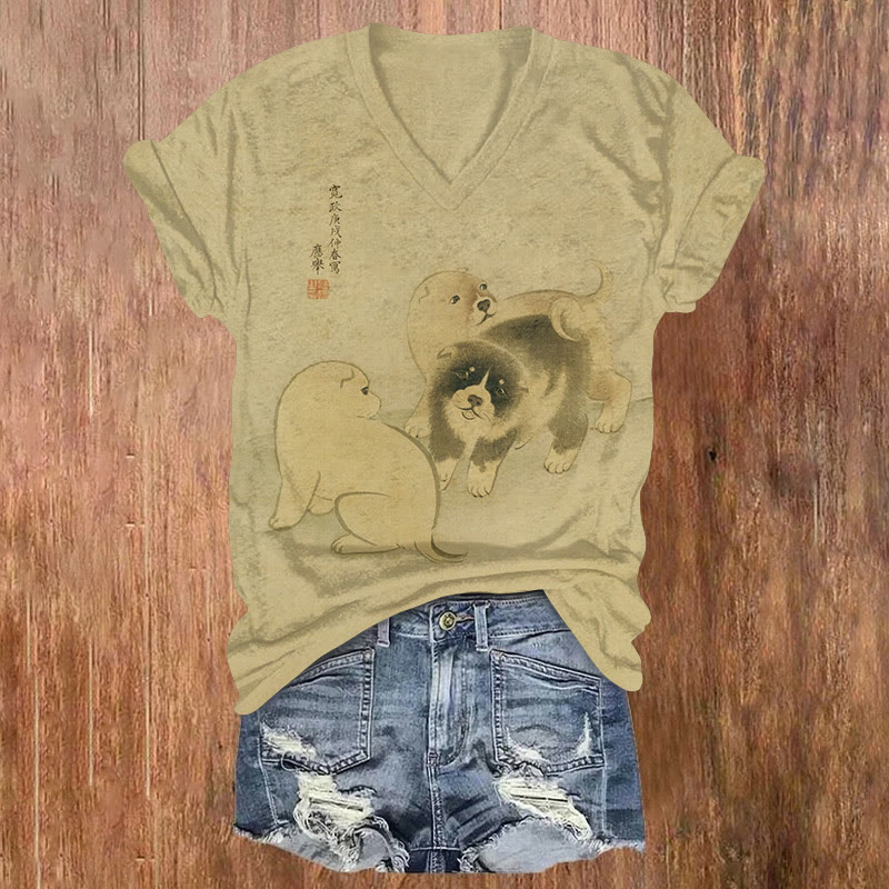 Japanese Retro Puppy Pattern Print Short Sleeved V-Neck T-Shirt - Apricot - US32-34(5XL) - image 1