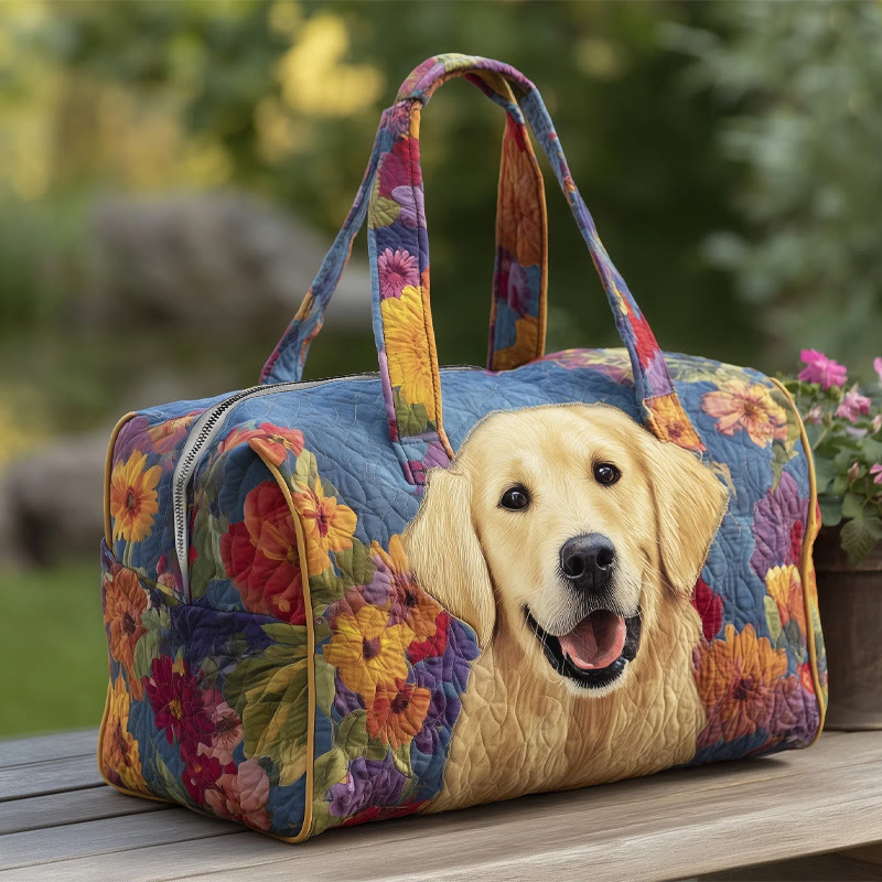 Pastoral Puppy And Floral Pattern Print Quilted Duffle Bag - Blue - one size - image 1
