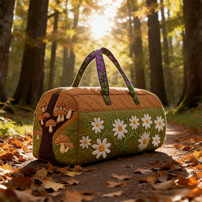 Mushroom Plants Print Quilted Duffle Bag - Brown - one size - image 1