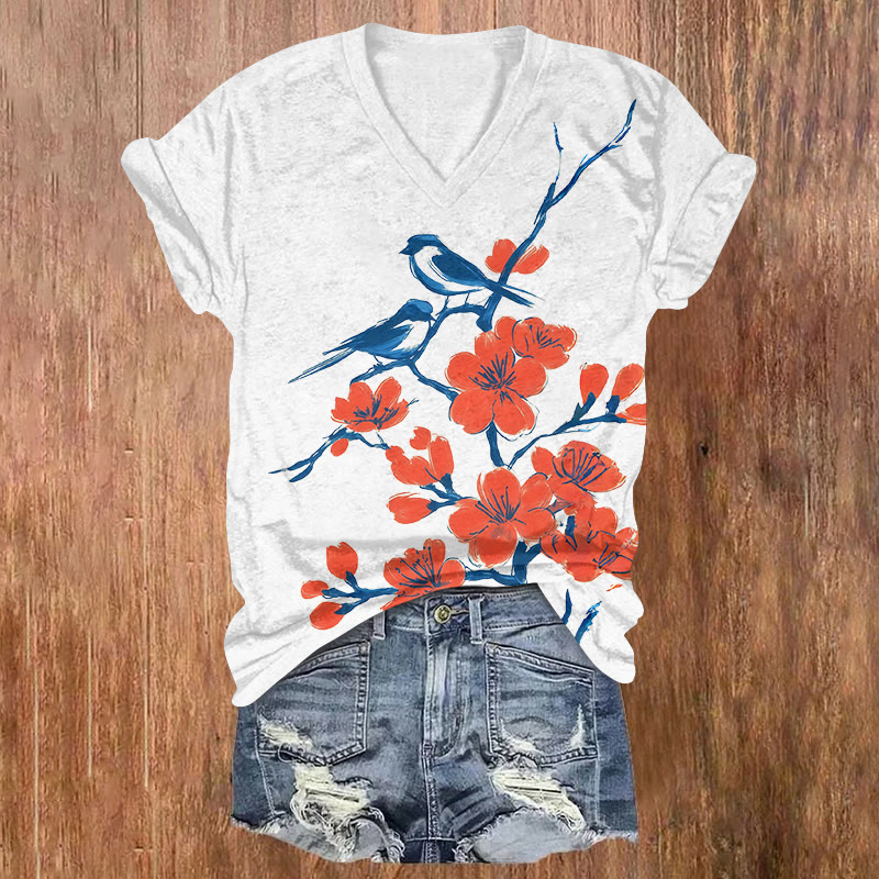 Vintage Watercolor Painting Bird & Plum Blossom Print Short Sleeved V-neck T-shirt - White - US32-34(5XL) - image 2