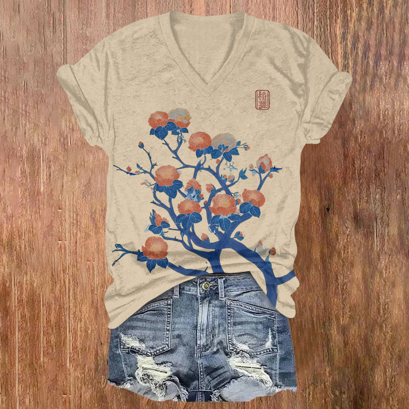 Japanese Floral Bohemian Style Print Short Sleeved V-neck T-shirt - Apricot - US32-34(5XL) - image 2