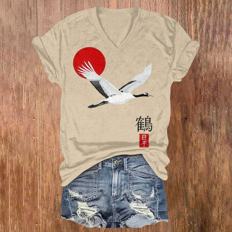 Japanese Flying White Crane Art Print Short Sleeved V-neck T-shirt - Khaki - US32-34(5XL) - image 2