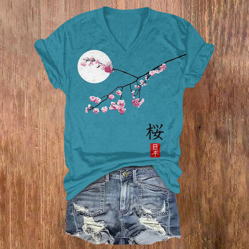 Japanese Sakura Blossom & Moonprint Short Sleeved V-neck T-shirt - Blue - US32-34(5XL) - image 2
