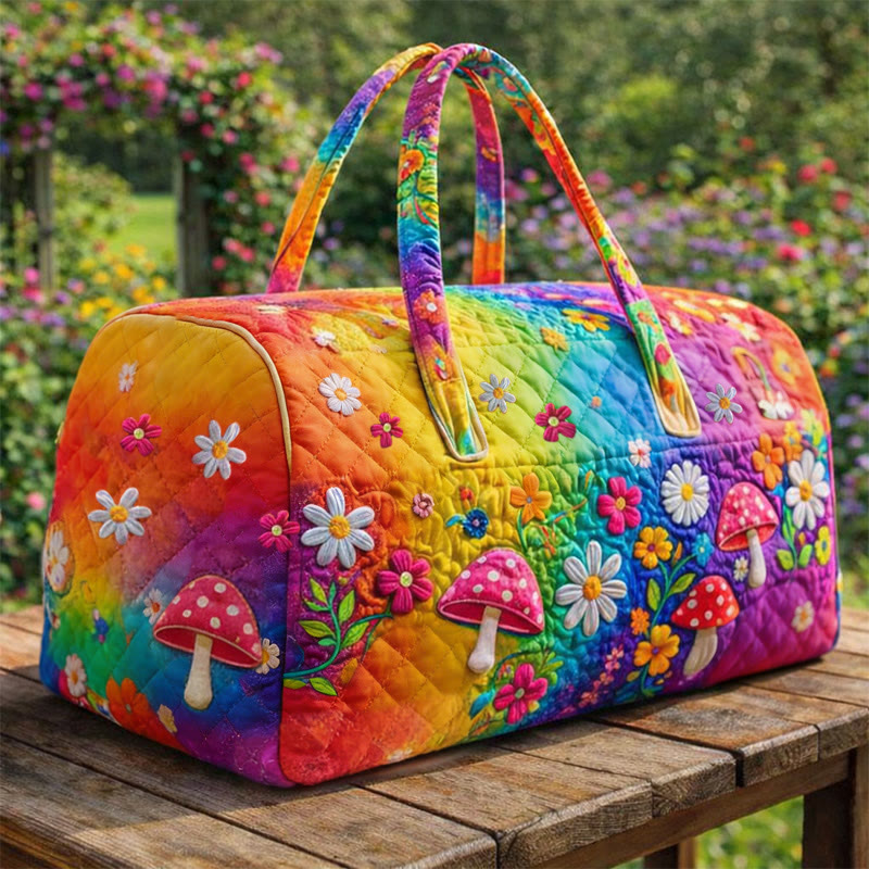 Hippie Rainbow Flower And Mushroom Quilted Duffle Bag - Multicolor - one size - image 1