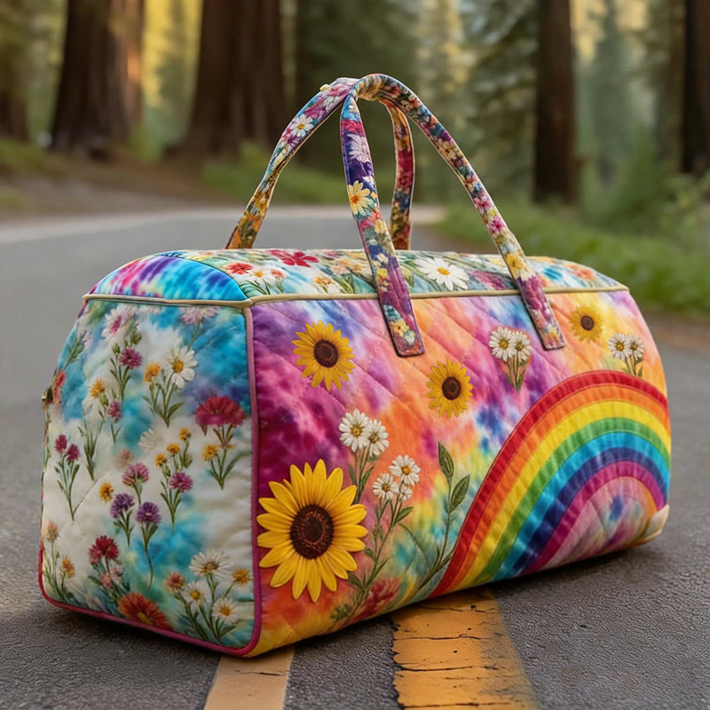 Tie-dyed Rainbow Flowers Print Quilted Duffle Bag - Multicolor - one size - image 1