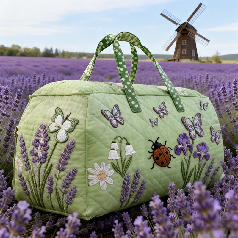 Lavender Ladybug Art Print Quilted Duffle Bag - Green - one size - image 1
