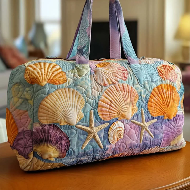 Ocean Colorful Starfish Shells Pattern Print Quilted Duffle Bag - Light Purple - one size - image 1