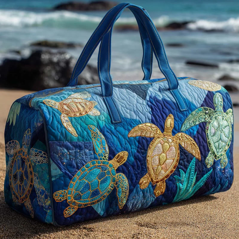 Turtle Patchwork Pattern Print Quilted Duffle Bag - Blue - one size - image 1