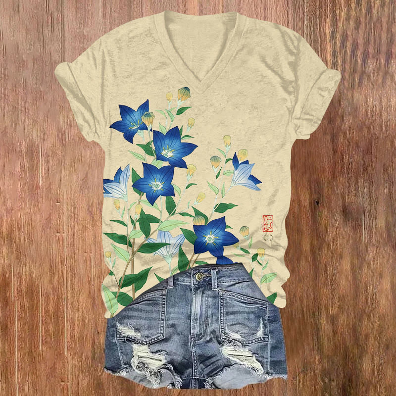 Japanese Art Blue Baloonflower Pattern Print Short Sleeved V-neck T-shirt - Apricot - US32-34(5XL) - image 1