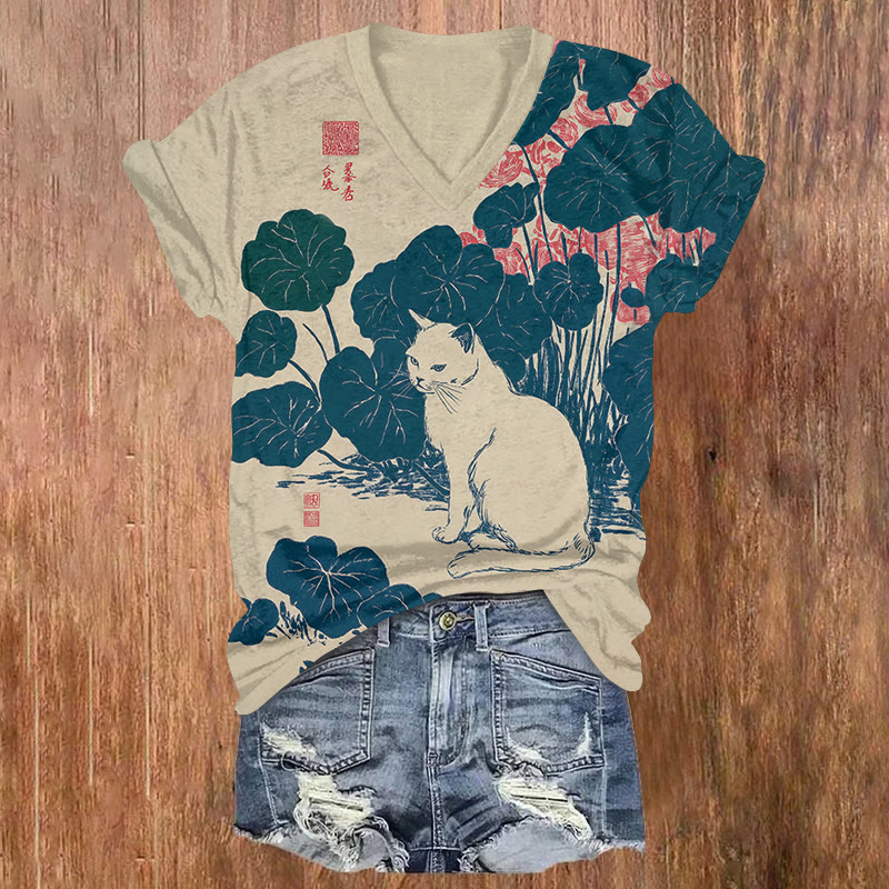 Japanese Cat Surrounded By Lotus Leaf Print Short Sleeved V-neck T-shirt - Apricot - US32-34(5XL) - image 1