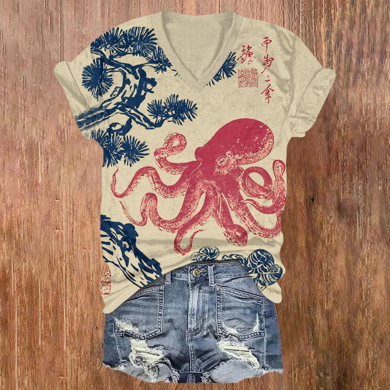 Japanese Watercolor Octopus & Tree Pattern Print Short Sleeved V-neck T-shirt - Apricot - US32-34(5XL) - image 1