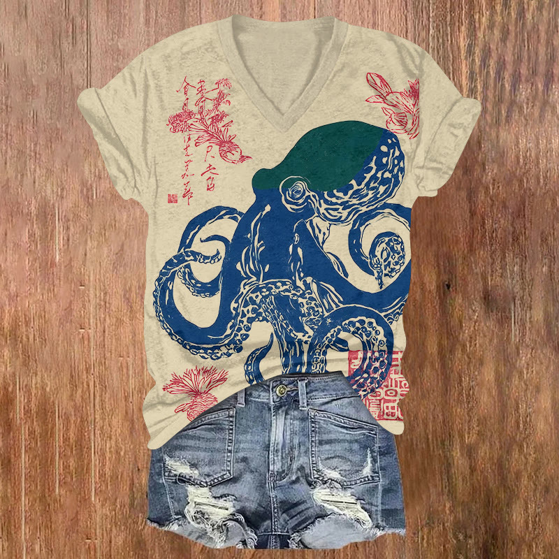 Japanese Abstract Octopus Art Print Short Sleeved V-neck T-shirt - Apricot - US32-34(5XL) - image 1