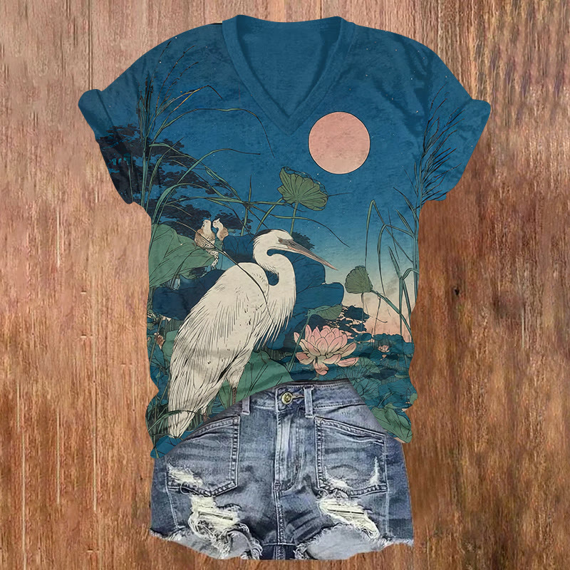 Japanese Crane & Lotus Blossom Art Print Short Sleeved V-neck T-shirt - Blue - US32-34(5XL) - image 1