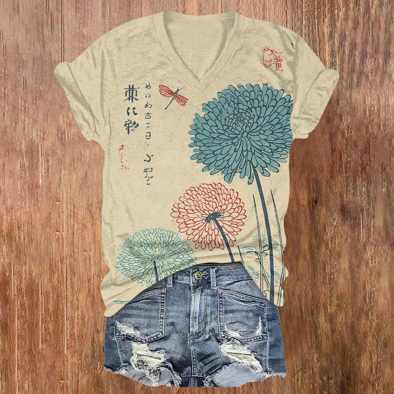 Japanese Art Chrysanthemum & Dragonfly Pattern Print Short Sleeved V-neck T-shirt - Apricot - US32-34(5XL) - image 1