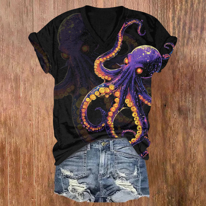 Vintage Funny Purple Octopus Art Print Short Sleeved V-neck T-shirt - Black - US32-34(5XL) - image 2