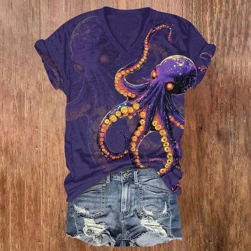Vintage Funny Purple Octopus Art Print Short Sleeved V-neck T-shirt - Purple - US32-34(5XL) - image 1