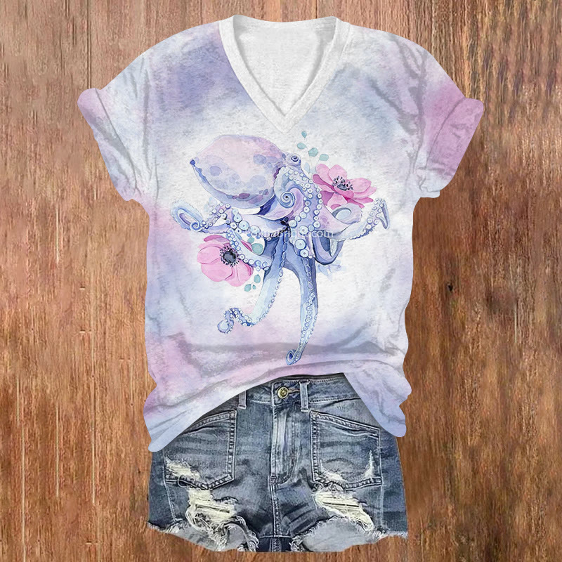 Creative Octopus & Floral Art Print Short Sleeved V-neck T-shirt - Purple - US32-34(5XL) - image 1