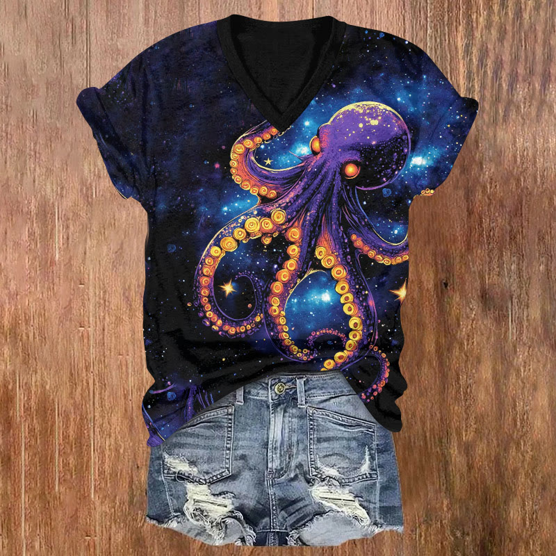Retro Starry Funny Octopus Art Print Short Sleeved V-neck T-shirt - Black - US32-34(5XL) - image 1