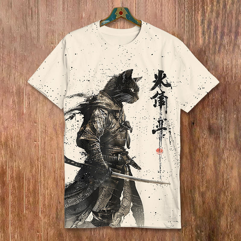 Japanese Splatter Samurai Cat Art Pattern Print Short-sleeved T-shirt - Apricot - 8XL - image 1