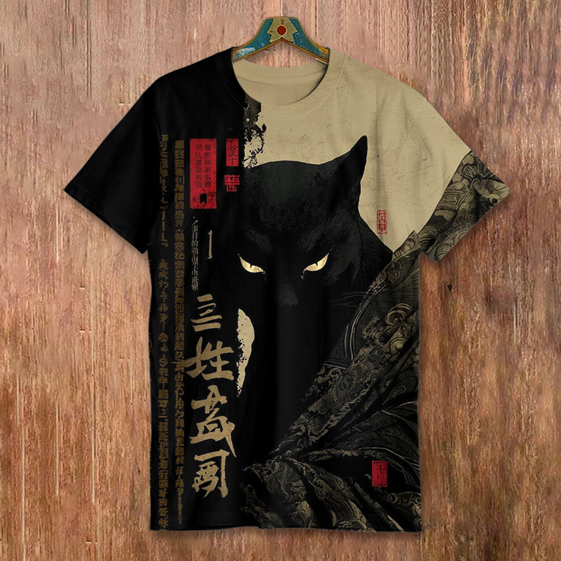 Japanese Bushido Black Cat Art Pattern Print Short-sleeved T-shirt - Apricot - 8XL - image 1