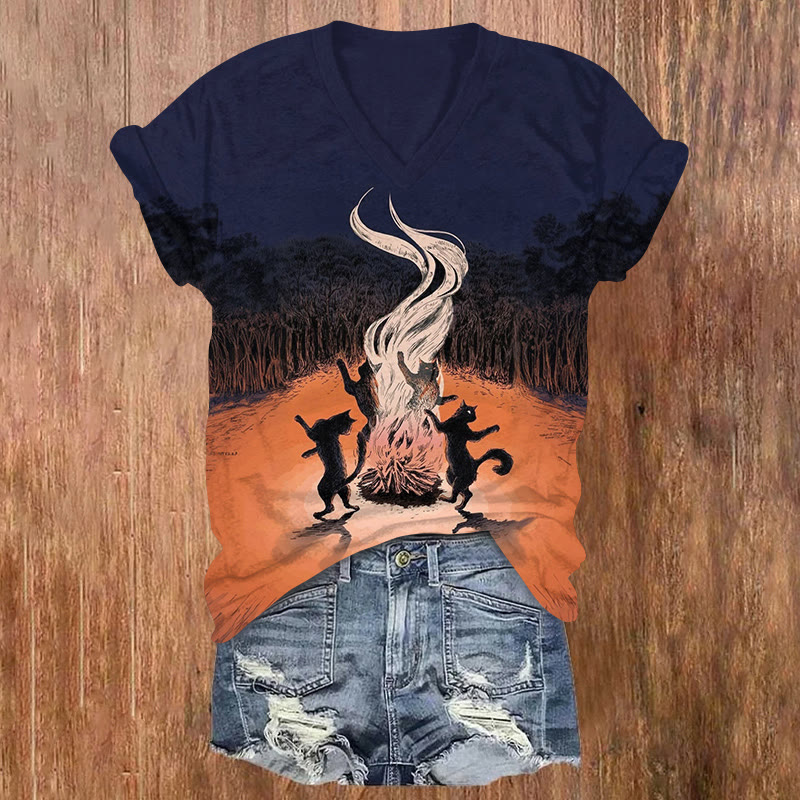 Mysterious Ritual Cats Bonfire Pattern Print Short Sleeved V-neck T-shirt - Blue - US32-34(5XL) - image 1