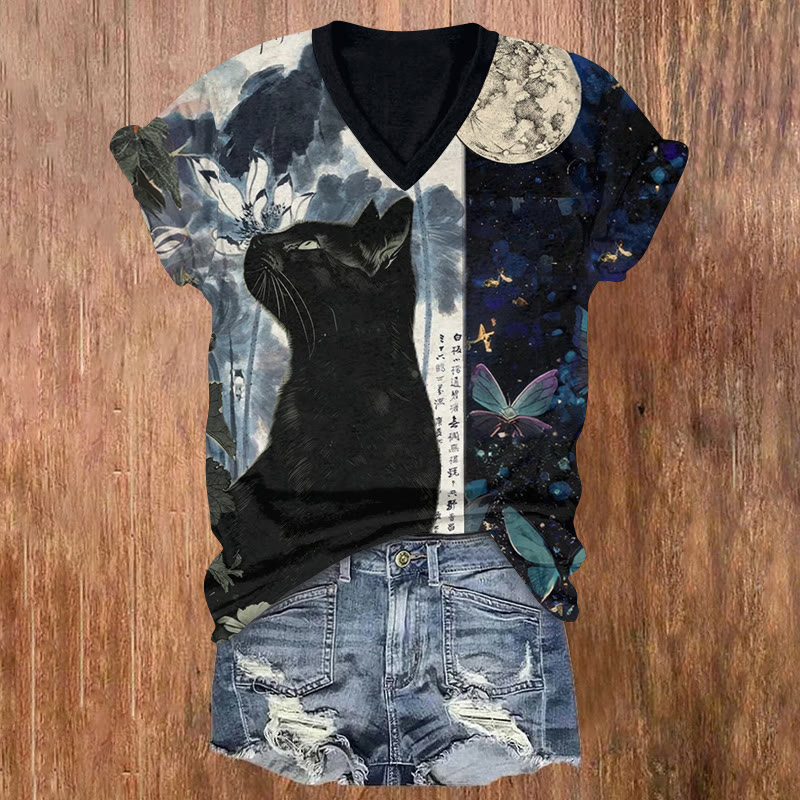 Japanese Full Moon Black Cat Calligraphy Pattern Print Short Sleeved V-neck T-shirt - Black - US32-34(5XL) - image 1