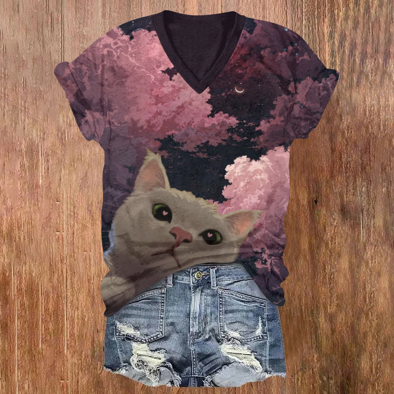 Cute Flowers And Kitty Pattern Print Short Sleeved V-neck T-shirt - Black - US32-34(5XL) - image 1