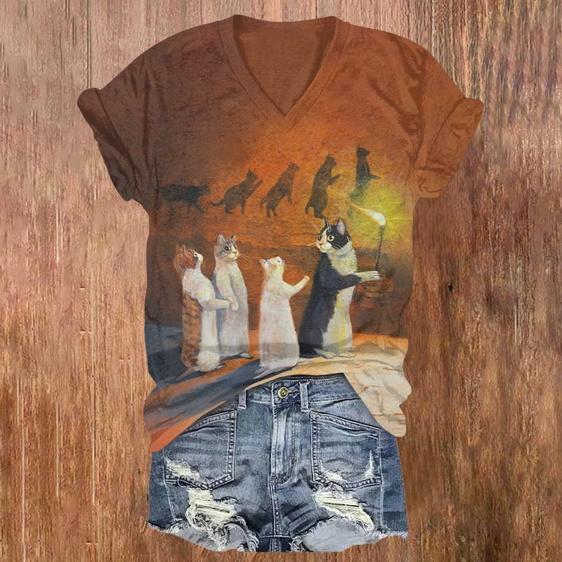 The Evolution Of Cats Pattern Print Short Sleeved V-neck T-shirt - Orange - US32-34(5XL) - image 1