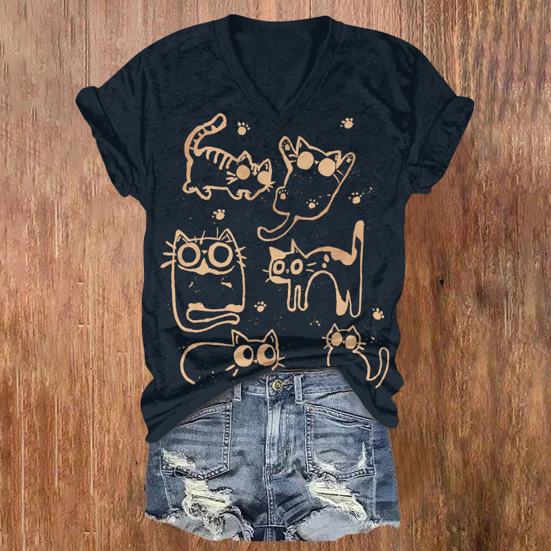 Cute Cats With Gold Spray Pattern Print Short Sleeved V-neck T-shirt - Black - US32-34(5XL) - image 1