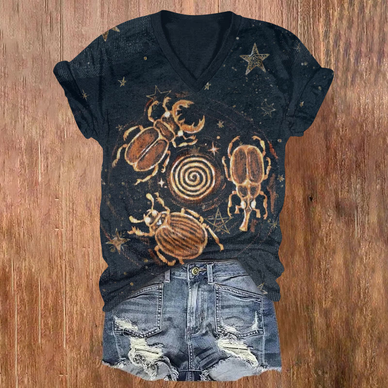 Dizzy Beetle Stars Spray Gold Pattern Print Short Sleeved V-neck T-shirt - Black - US32-34(5XL) - image 1
