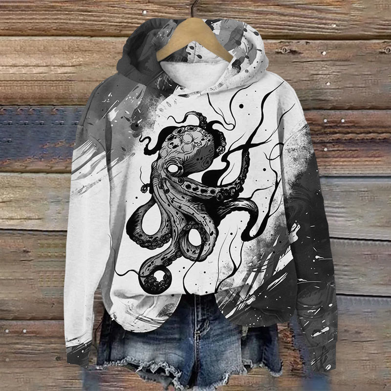 Unisex Ocean Ink Octopus Pattern Print Long Sleeved Hoodie - Black - US44-46(8XL) - image 2