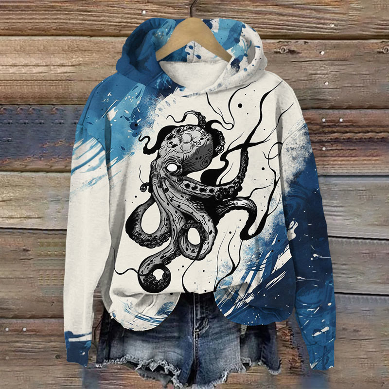 Unisex Ocean Ink Octopus Pattern Print Long Sleeved Hoodie - Blue - US44-46(8XL) - image 1