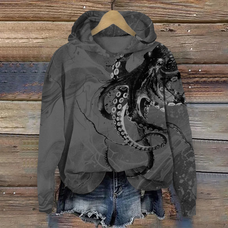 Unisex Ocean Foam Octopus Pattern Print Long Sleeved Hoodie - Dark Grey - US44-46(8XL) - image 2