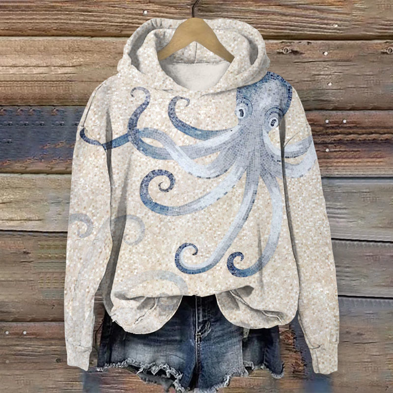 Unisex Mediterranean Mosaic Octopus Pattern Print Long Sleeved Hoodie - Apricot - US44-46(8XL) - image 1
