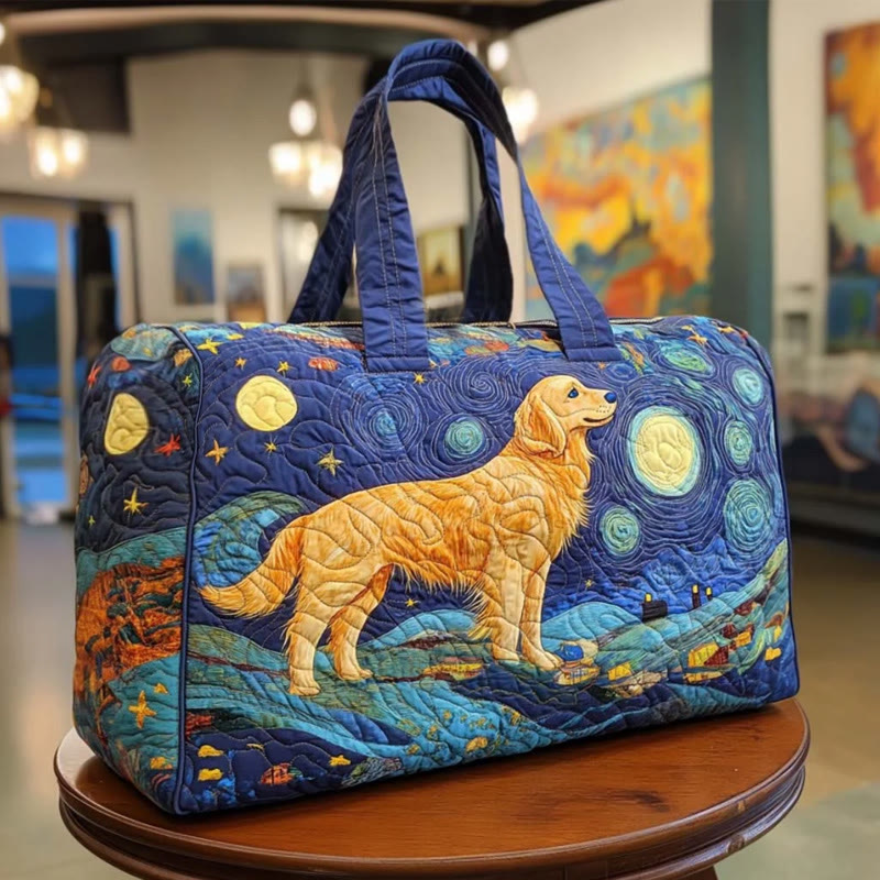 Starry Night View And Puppy Pattern Print Quilted Duffle Bag - Blue - one size - image 1