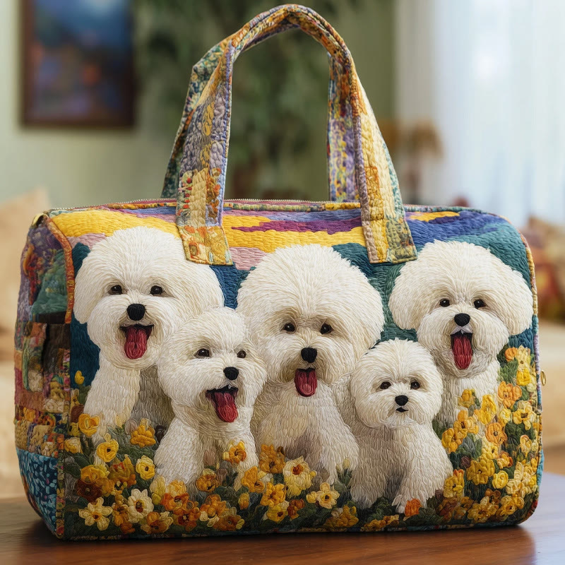 Flowers And Bichon Frise Pattern Print Quilted Duffle Bag - Multicolor - one size - image 1