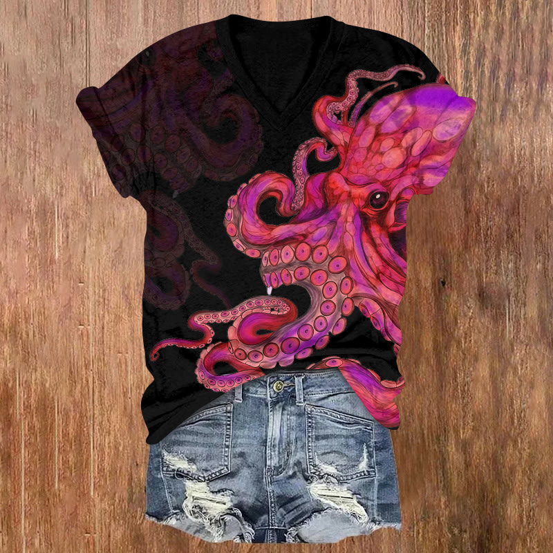 Ocean Octopus Print Short-Sleeve V-Neck T-Shirt - Black - US32-34(5XL) - image 1