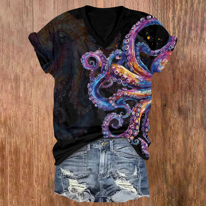 Ocean Octopus Print Short-Sleeve V-Neck T-Shirt - Black - US32-34(5XL) - image 1
