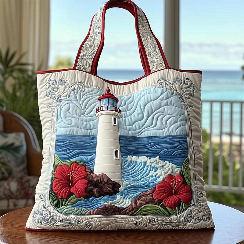 Coastal Lighthouse Quilted Tote Bag - White - one size - image 1