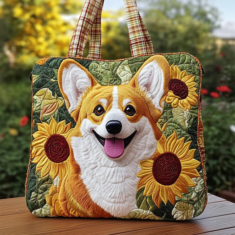  Cute Corgi Sunflower Quilted Tote Bag - Green - one size - image 1