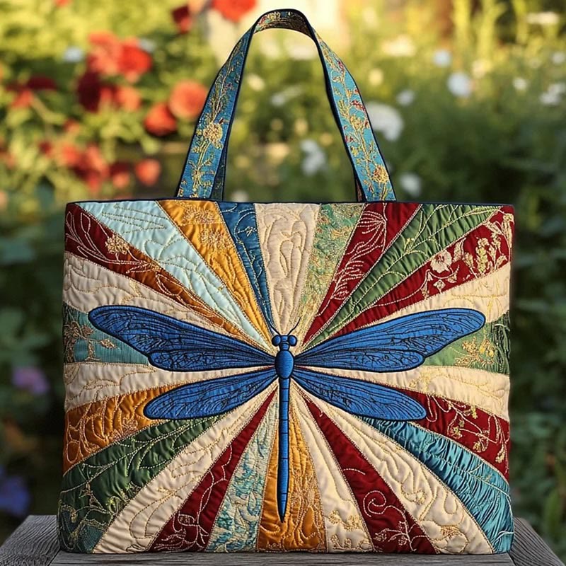 Retro Floral Dragonfly Quilted Tote Bag - Multicolor - one size - image 1