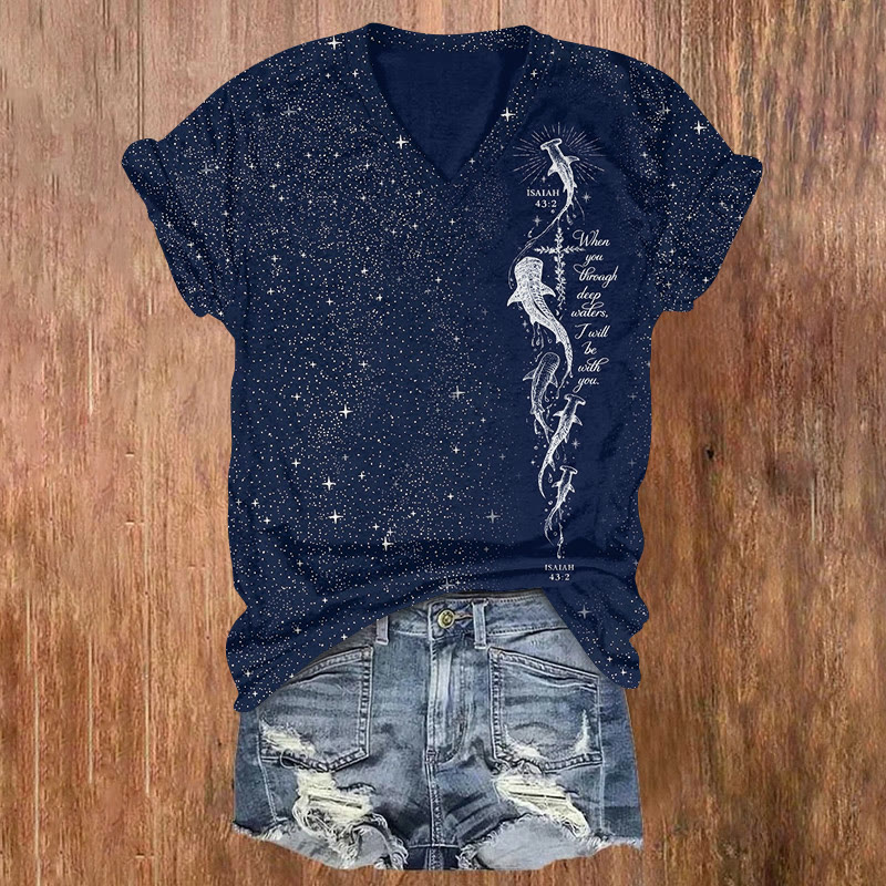 Isaiah 43:2 Starry Ocean Whale Pattern Print Short Sleeved V-neck T-shirt - Blue - US32-34(5XL) - image 1