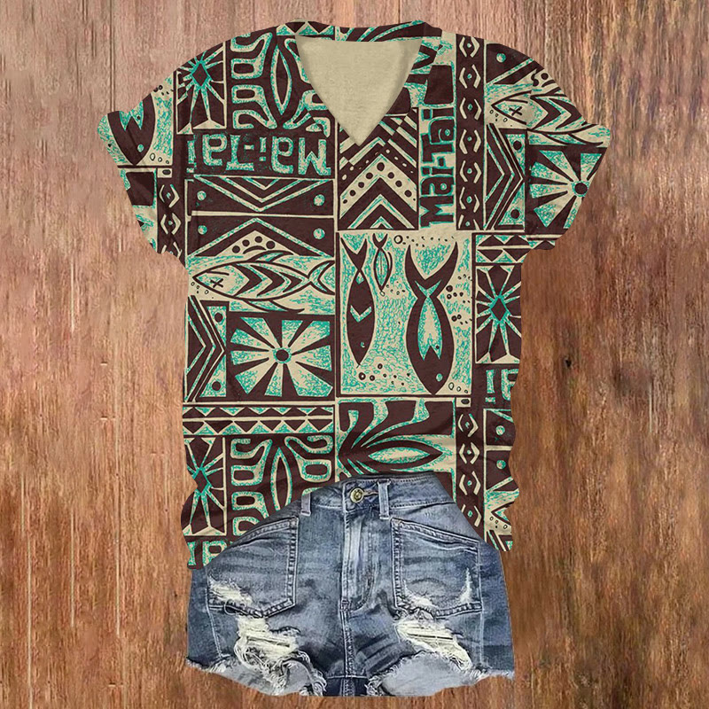 Bohemian Subtropical Fish Woodblock Pattern Print Short Sleeved V-neck T-shirt - Light Green - US32-34(5XL) - image 2