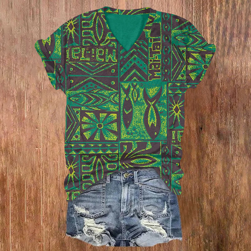 Bohemian Subtropical Fish Woodblock Pattern Print Short Sleeved V-neck T-shirt - Green - US32-34(5XL) - image 1