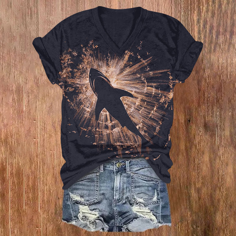 Ocean Shark Spray Art Pattern Print Short Sleeved V-neck T-shirt - Black - US32-34(5XL) - image 1