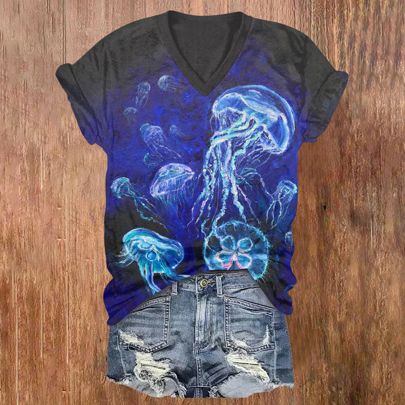Ocean Aurora Jellyfish Pattern Print Short Sleeved V-neck T-shirt - Blue - US32-34(5XL) - image 2