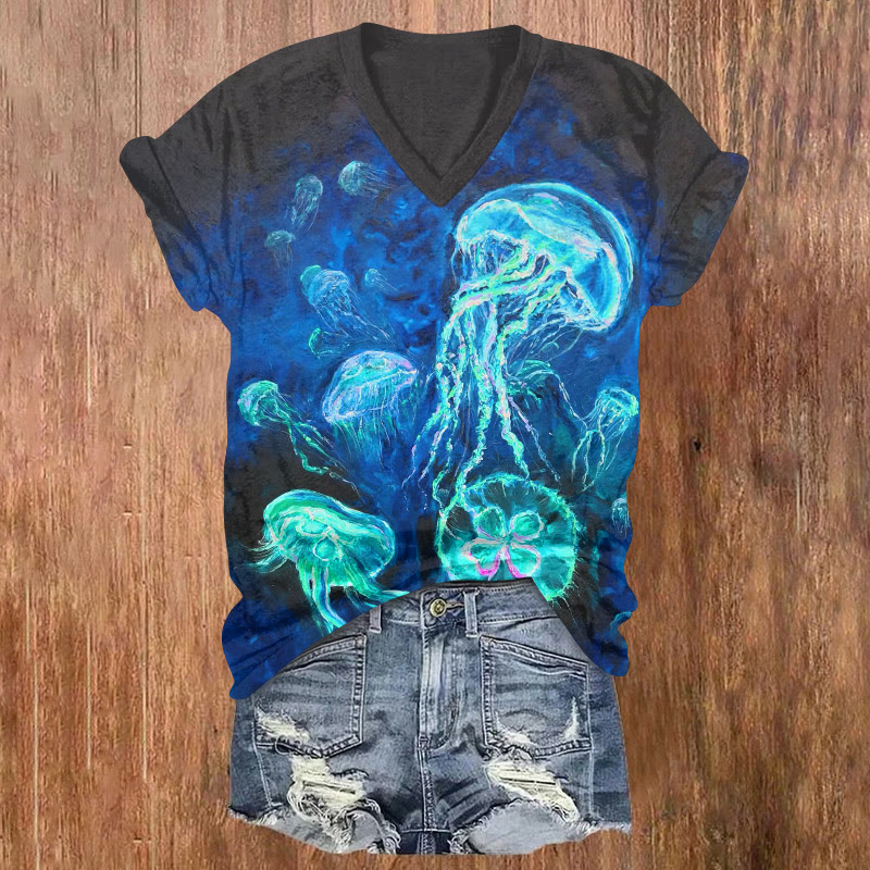 Ocean Aurora Jellyfish Pattern Print Short Sleeved V-neck T-shirt - Lake Blue - US32-34(5XL) - image 1