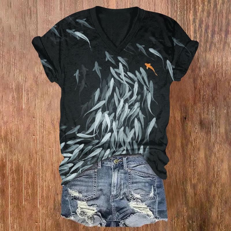 Deep-sea Fish Special You Pattern Print Short Sleeved V-neck T-shirt - Black - US32-34(5XL) - image 2