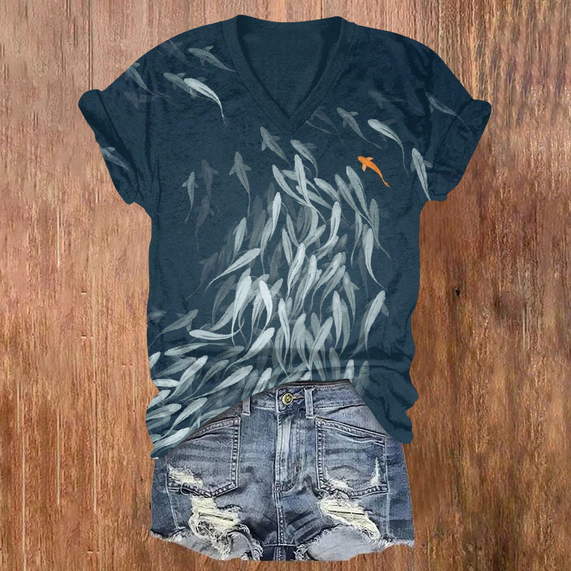 Deep-sea Fish Special You Pattern Print Short Sleeved V-neck T-shirt - Blue - US32-34(5XL) - image 1